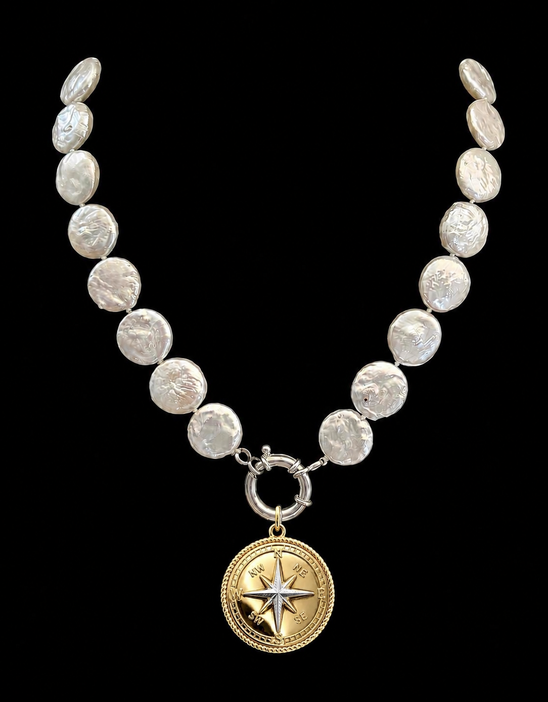 Freshwater Coin Pearl Compass Medallion