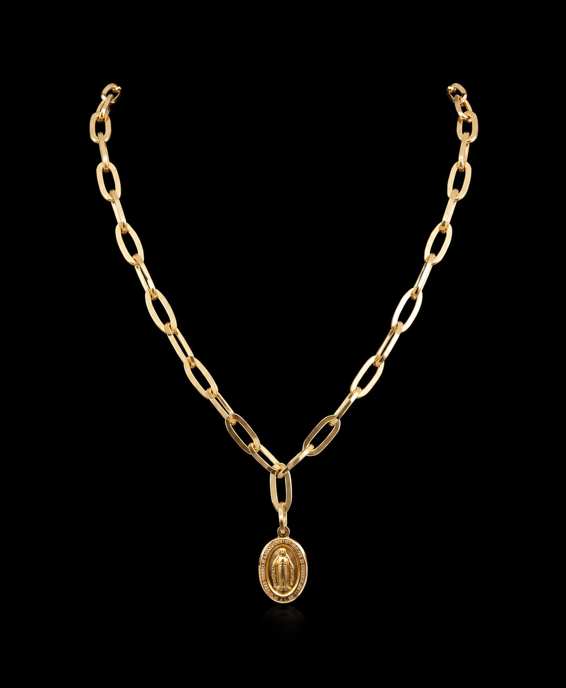 Mary Medallion Paper Link Chain Necklace 16 inch