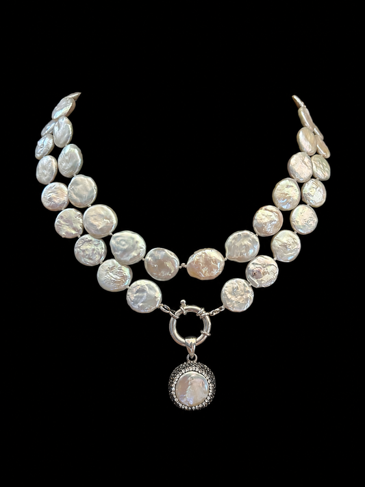Freshwater Coin Pearl Necklace with Rhodolite Pendant