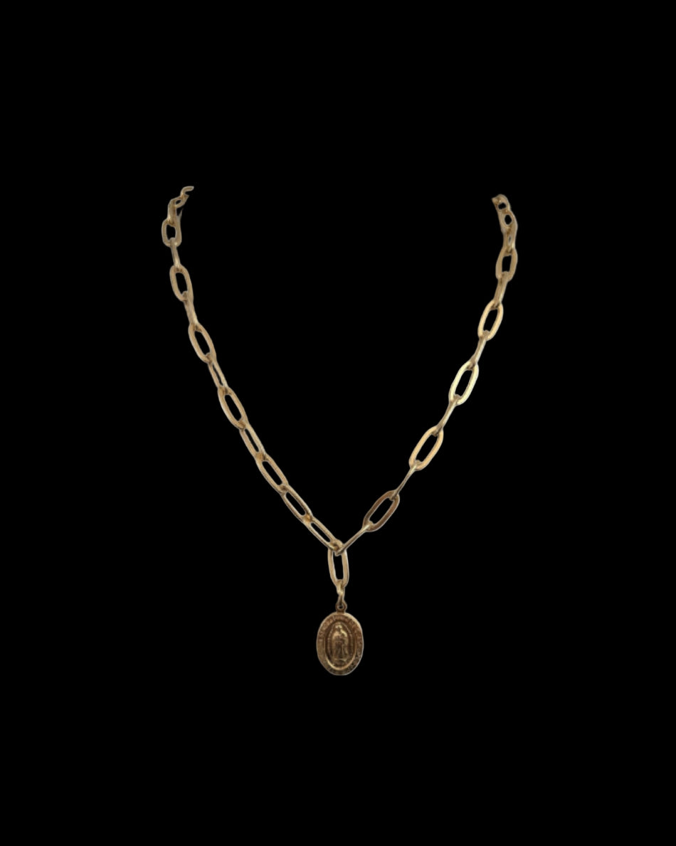 Mary Medallion Paper Link Chain Necklace 20 inch