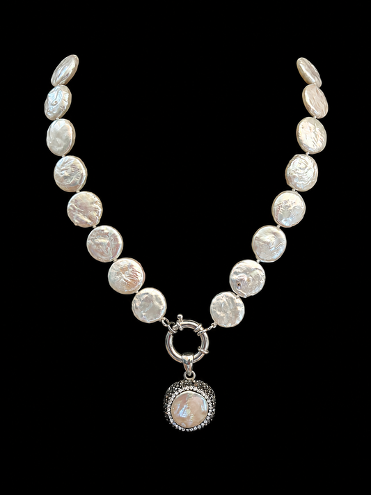 Freshwater Pearl coin Necklace with Rhodolite Enhancer