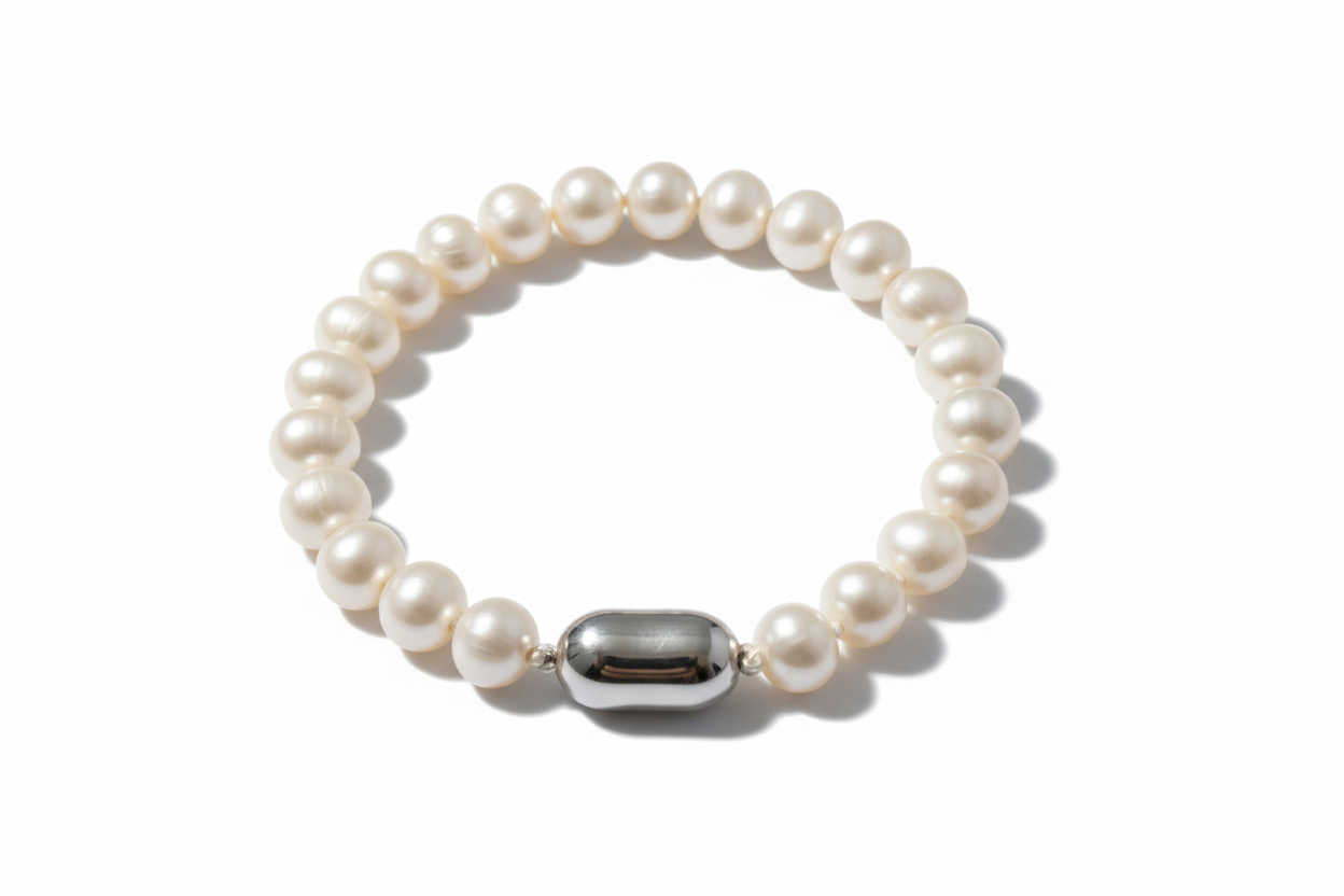 Classic Pearl Bracelet with pure white lustrous pearls on white background